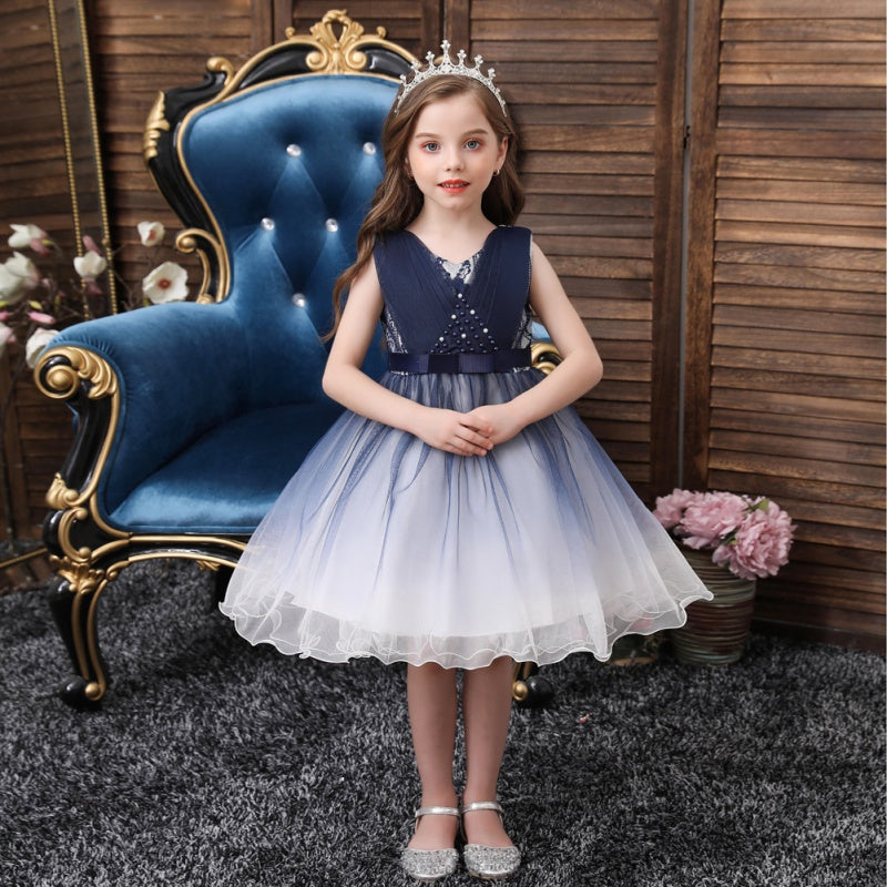 Blue V-neck Knee-length Flower Girl Dresses For Kids Temperament